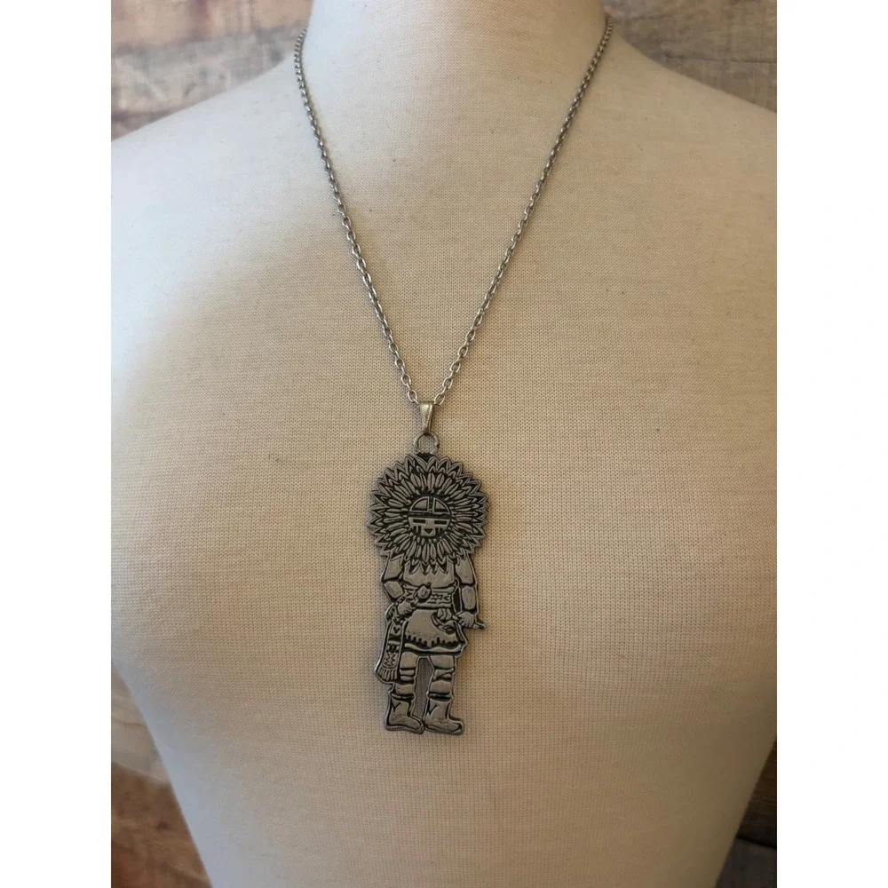 Vintage Silver Tone Sunface Kachina Pendant Necklace Southwestern Style